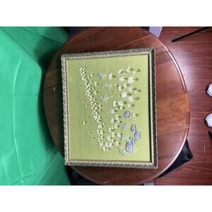 Vintage Embroidered Floral Wall Art in Green Frame